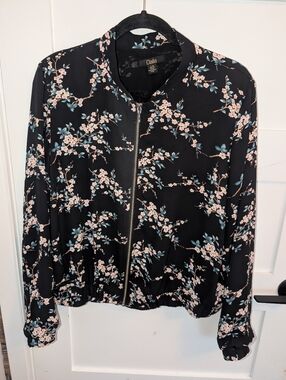 Dalia Black Floral Bomber Jacket with Pink Blossoms and Teal Leaves